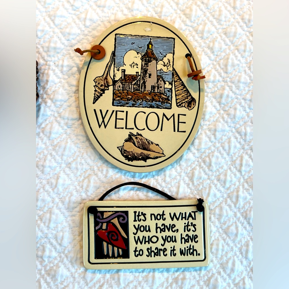 Two Small Spooner Creek Hanging Clay Plaques Welcome & Who You Share it With